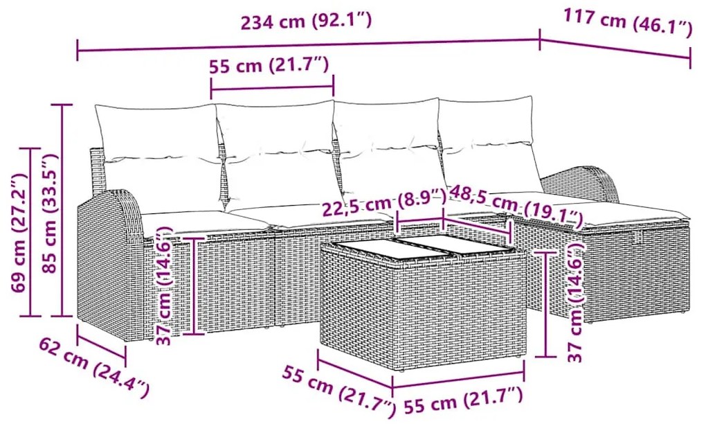 Kerti Kanapé Szett 6 pcs Barna és krémszínű 234 x 117 x 85 cm