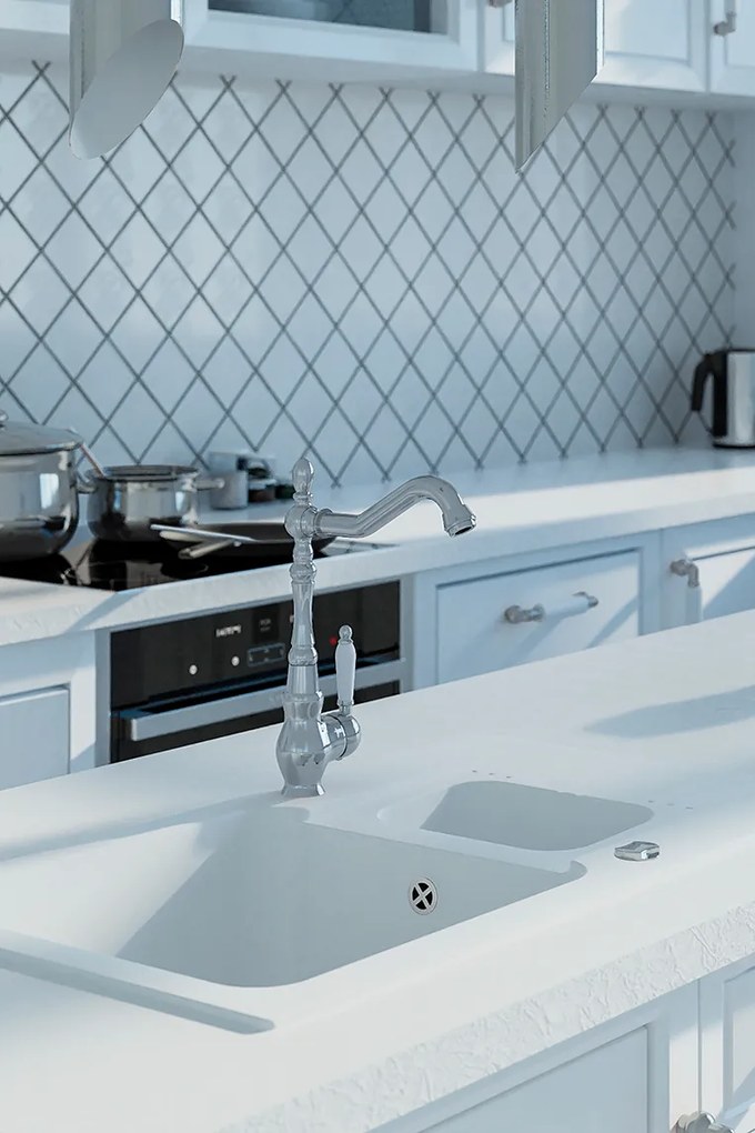 Laveo Evora, magas mosogató csaptelep h-304, króm-fehér, LAV-BAE_065D