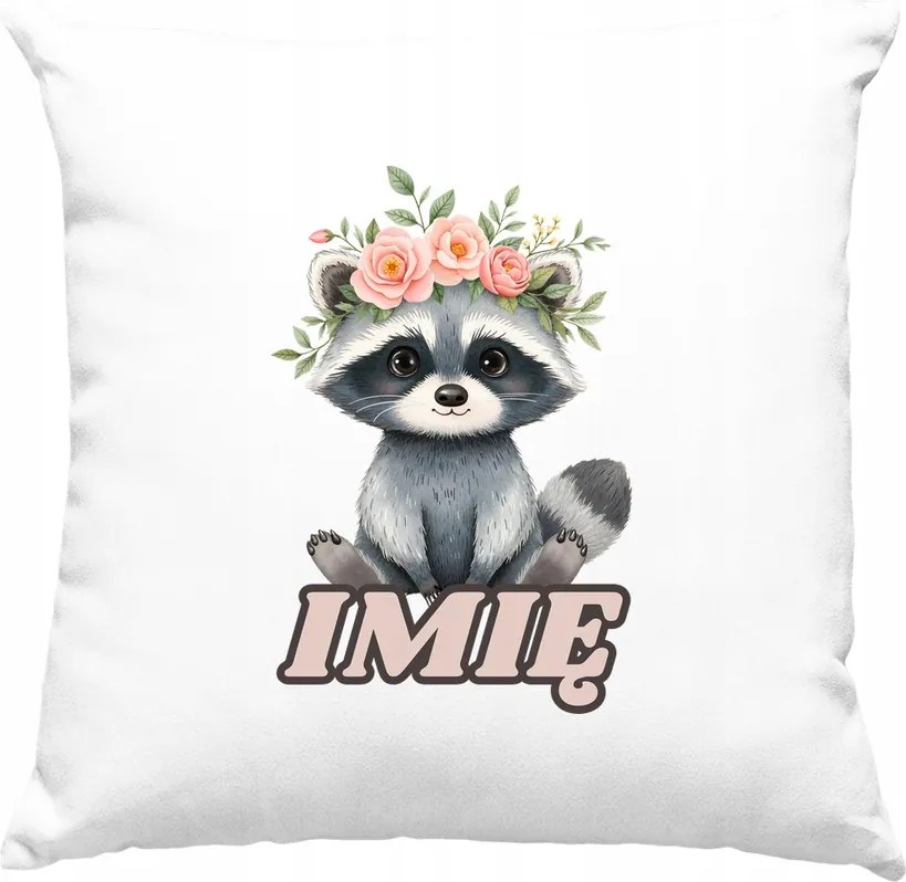 Gyerek párna mosómedve virágokkal +Név fehér