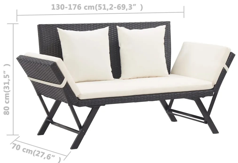 fekete polyrattan kerti pad párnával 176 cm