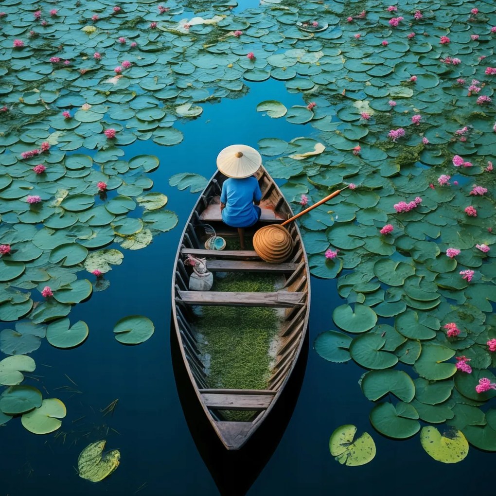 Poszter 80x80cm Csónak a tavirózsa között