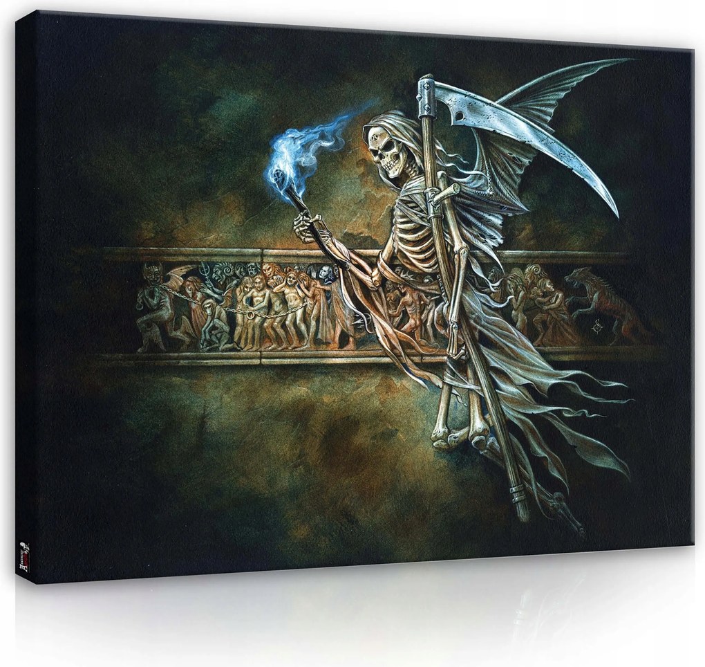 Vászonkép 60x40 Halál csontváz kasza kék láng sötétség misztikus allegória