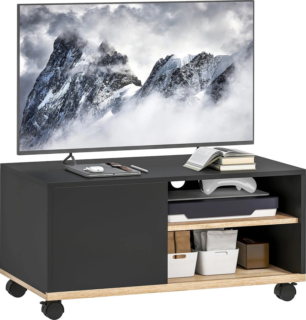 HOMCOM alacsony TV-szekrény görgőkkel, szekrénnyel, kábelrendezővel és állítható polccal — max. 32 hüvelykes tévékhez, fekete és tölgy, 80 x 45 x 41 c