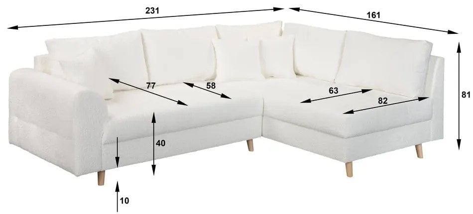 Fehér buklé sarokkanapé (jobb oldali) Ariella – Ropez