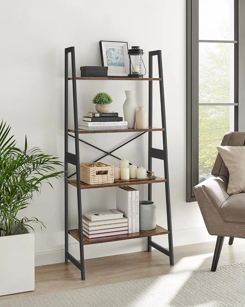 Könyvespolc 4 szintes 63x34x137 cm, rusztikus barna és fekete színben,