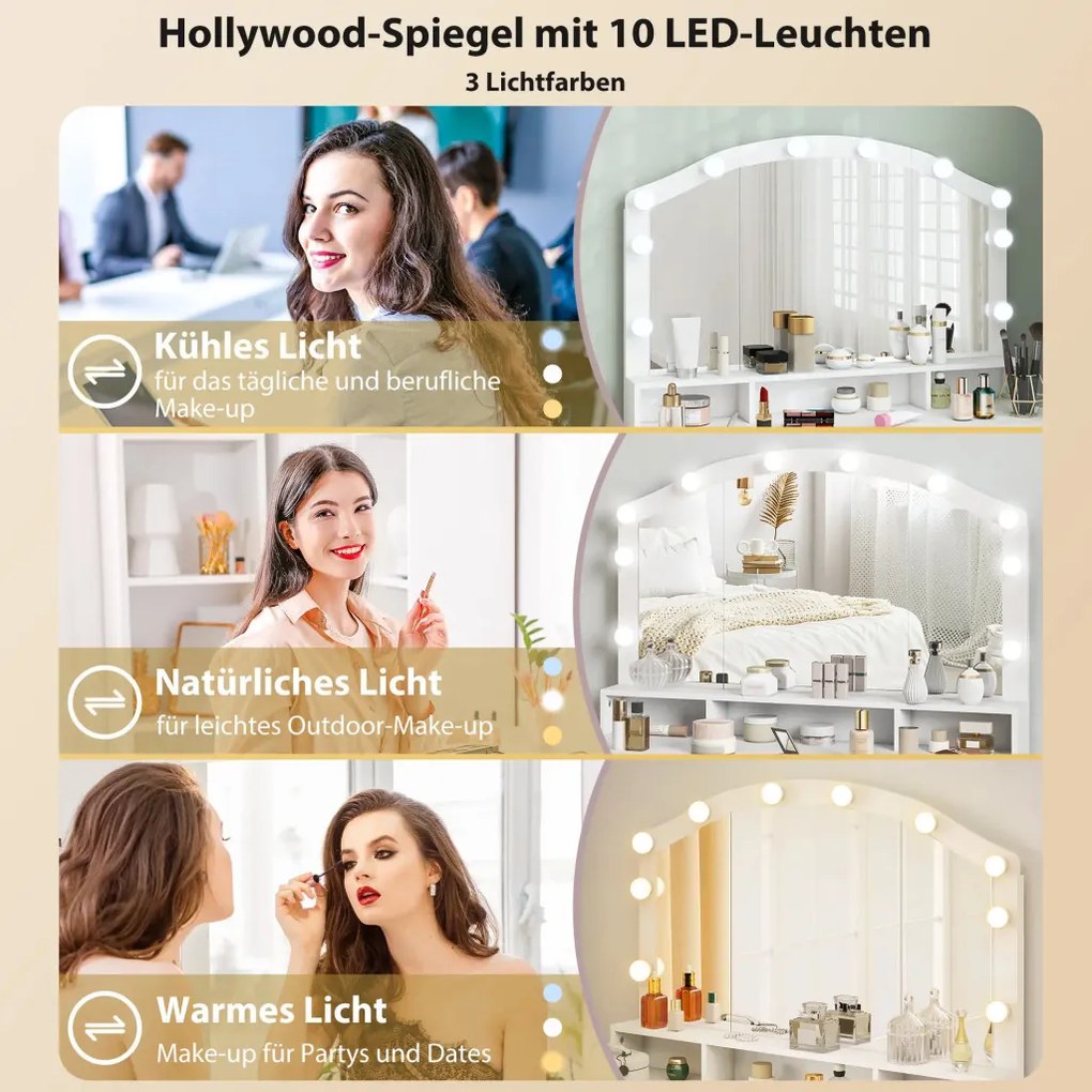 HOMCOM Fésülködőasztal, 10 LED Hollywood lámpával, 7 fiókkal, 3 rekesszel, 110 x 40 x 150 cm, fehér