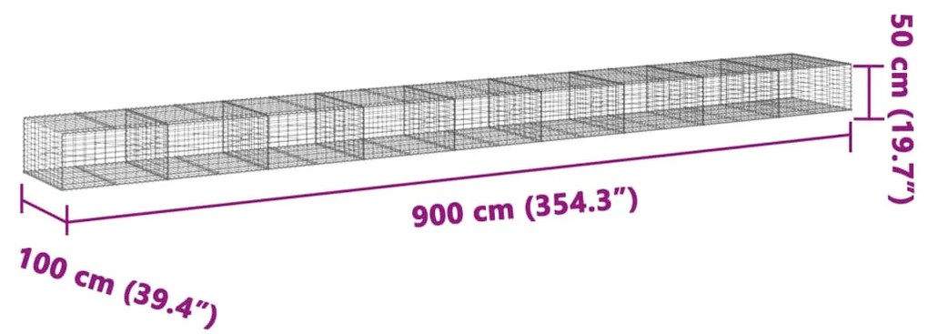 horganyzott vas gabion kosár fedéllel 900 x 100 x 50 cm