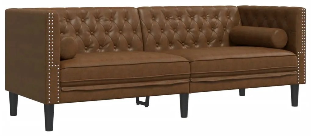 2 részes barna művelúr Chesterfield kanapészett hengerpárnákkal