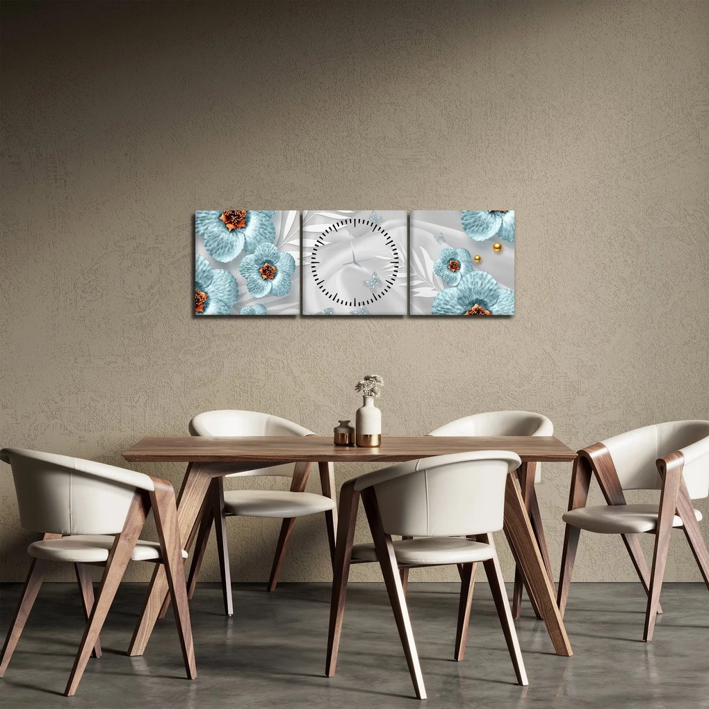 Kép - 3D kék virágok (órával) (90x30 cm)