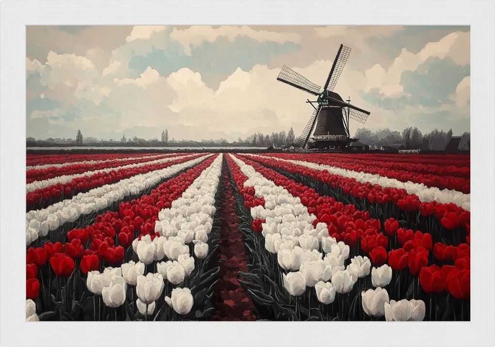 Poszter Keret Fa Tulipán Szélmalom Hollandia Virágok Mező 60x40