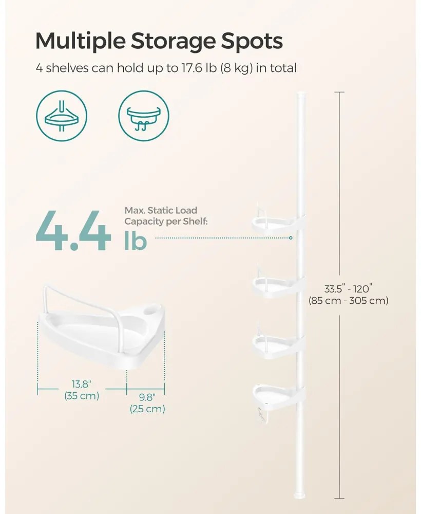 Fürdőszoba sarokpolc állítható, fehér 85-305cm