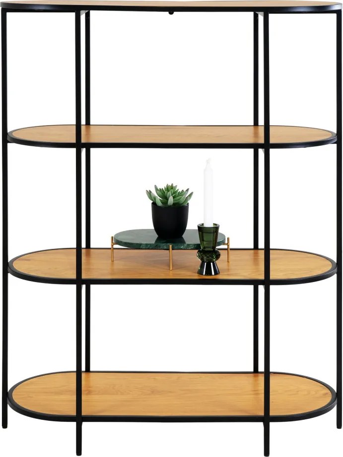 Könyvespolc, ovális polc, tölgy hatású fekete kerettel 85x36x111cm