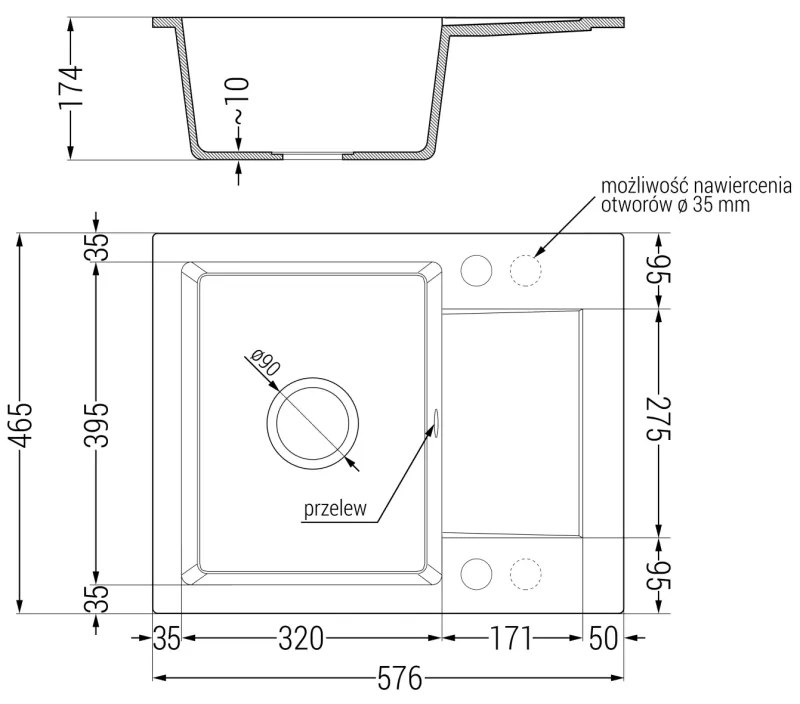 Mexen Enzo, gránit mosogató 576x465x174 mm, 1 kamrás és mosogató csaptelep Carla, fekete, 6506-77-670700-50