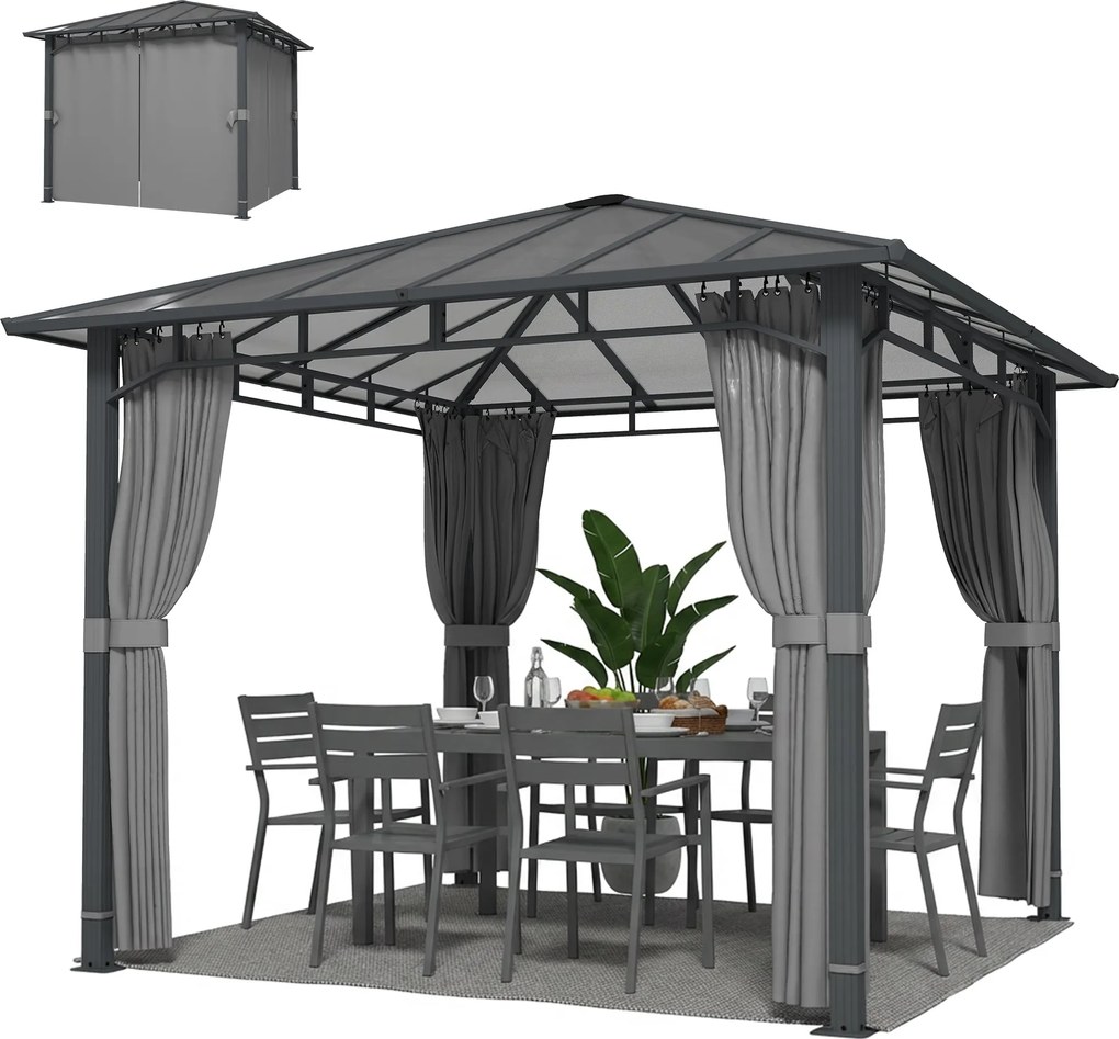 Outsunny kerti pavilon kb. 3 x 3 m – 6 mm polikarbonát tető, 4 levehető oldal, UV50+, vízálló, stabil és téllélésre alkalmas keménytetős pergola – söt