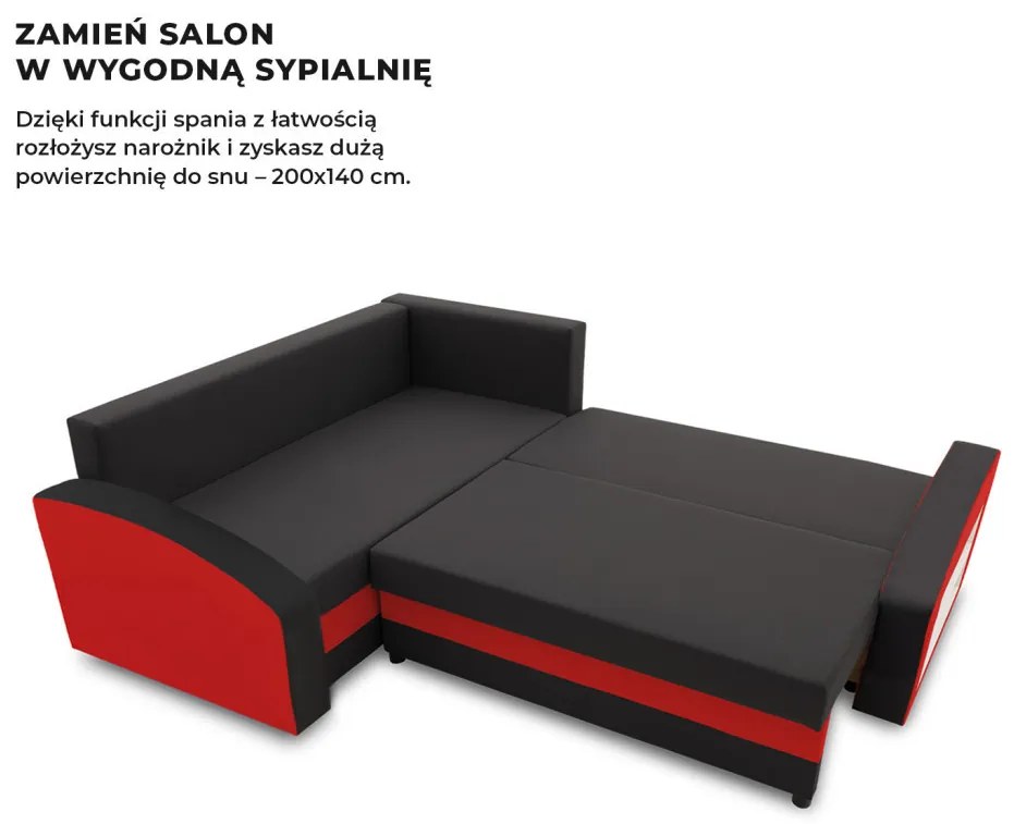 Grande sarokkanapé polcokkal , polc a jobb karfaban, baloldali, szövet anyag, bonell töltet, fekete - piros