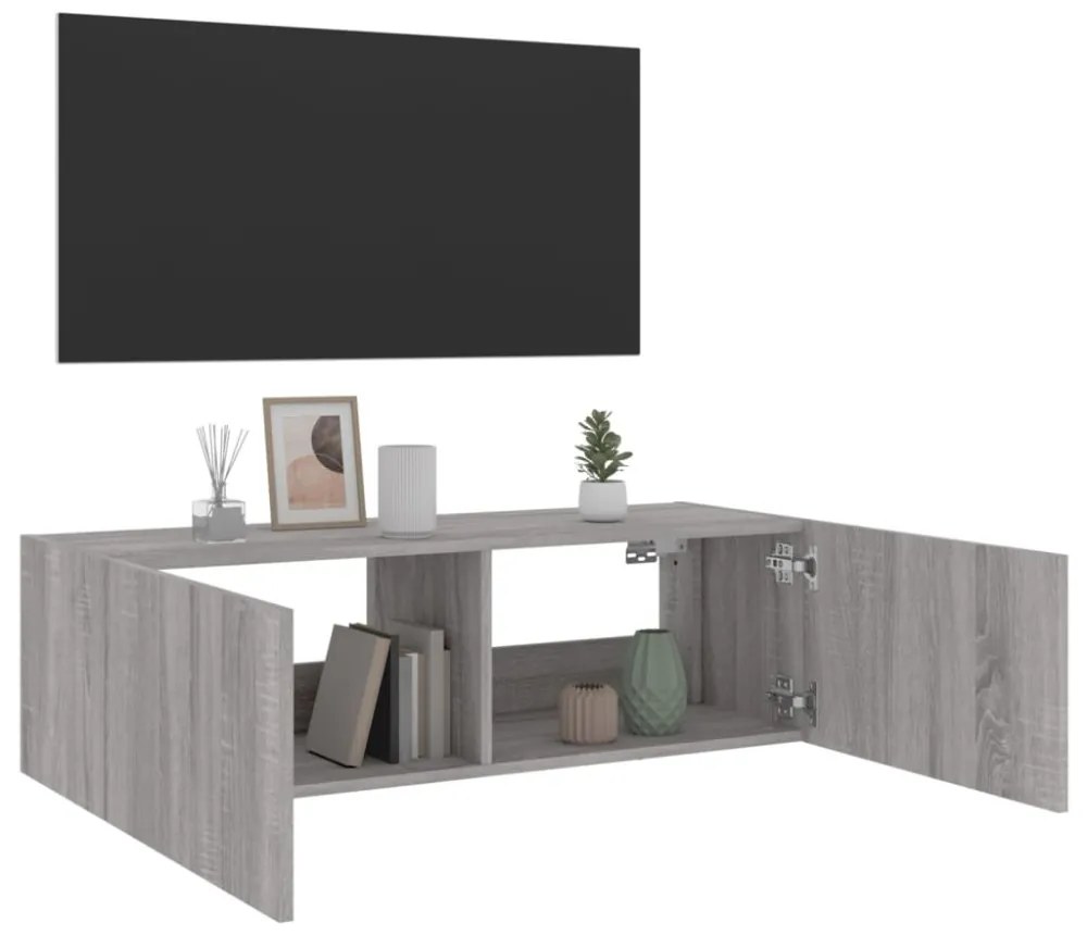 szürke sonoma színű fali TV-szekrény LED-ekkel 100 x 35 x 31 cm