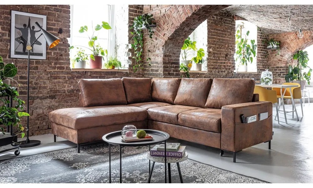 Barna bőrutánzat kinyitható sarokkanapé (bal oldali) Lofty Lilly – Miuform