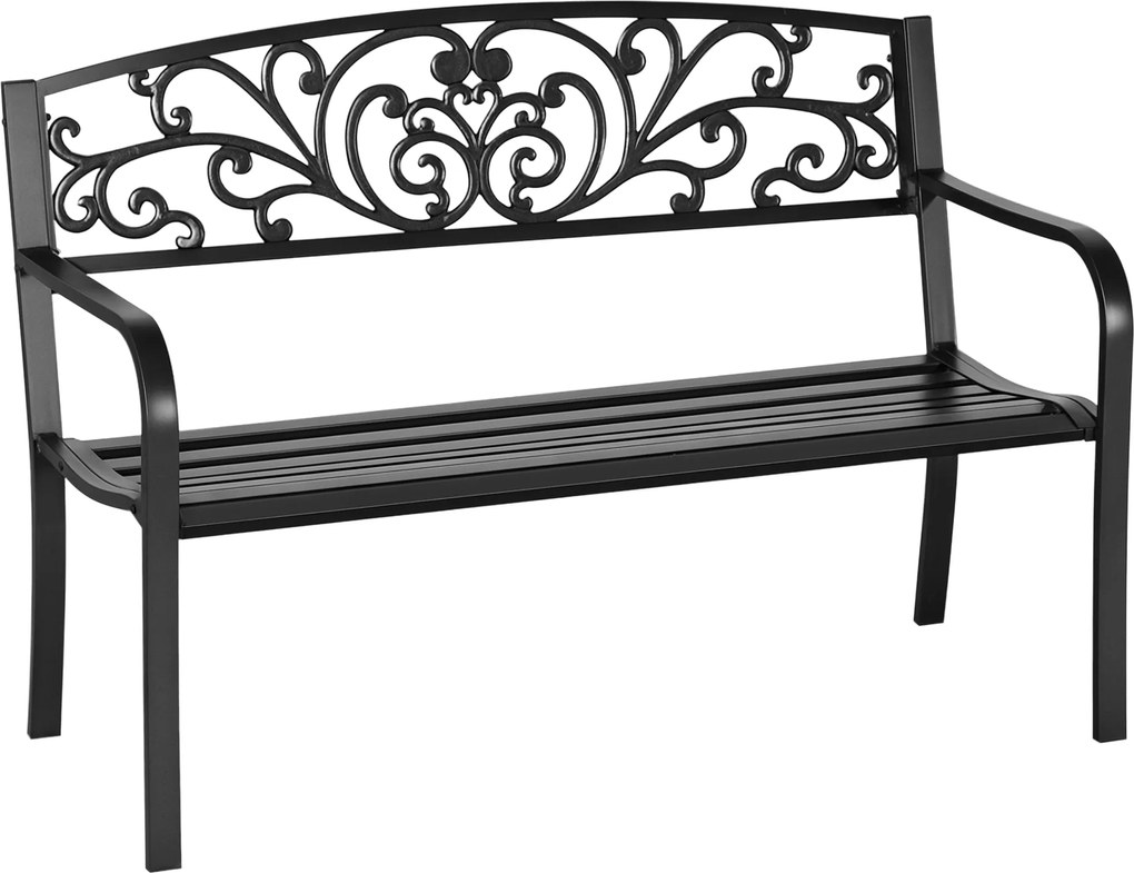 Outsunny Fém Kerti Pad, Park Pad Háttámlával, Karfával, Időjárásálló Pad, 2 Személyes Balkoni Pad, 250 kg-ig Terhelhető, Fekete | Aosom