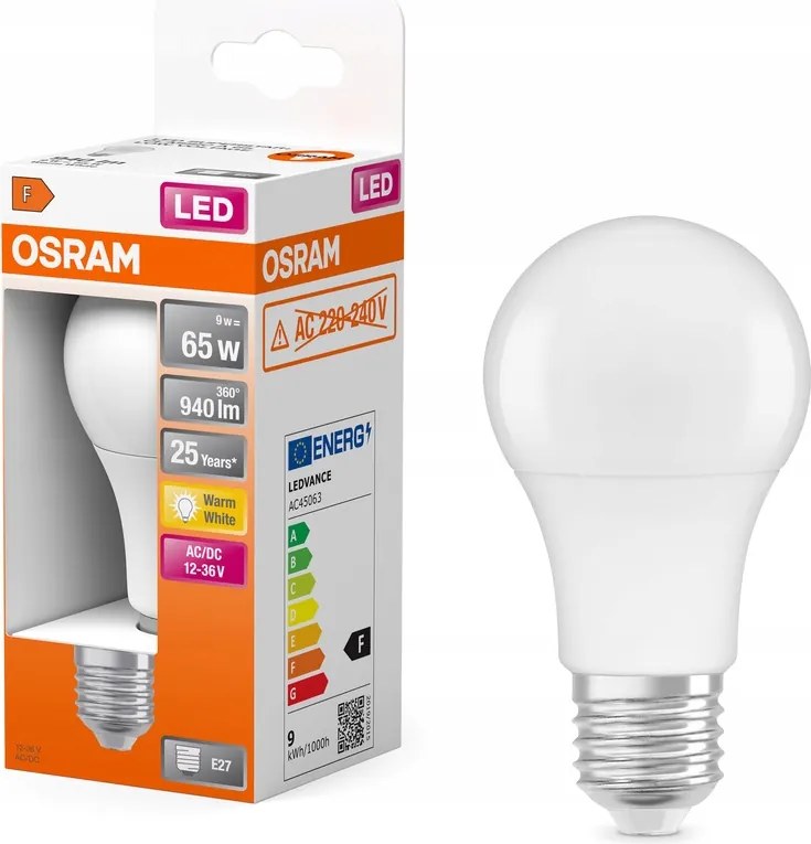 Led izzó A60 E27 9W 65W 940lm 2700K Kisfeszültségű 12-36V Osram