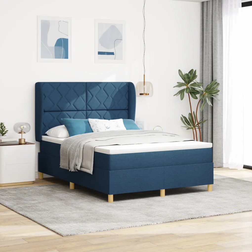 Boxspring Ágy Mattal - Kék - 140x200 cm - Szövet