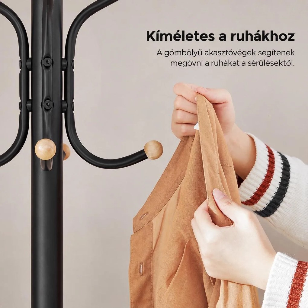Fém álló fogas és ruhafogas 12 kampóval, fa gömbvégekkel, 182 cm, fekete