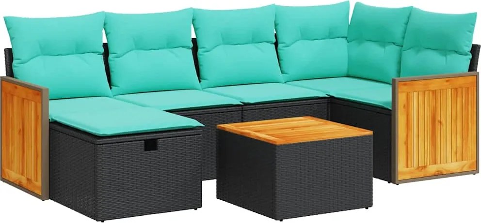 vidaXL 7 részes fekete polyrattan kerti ülőgarnitúra párnával