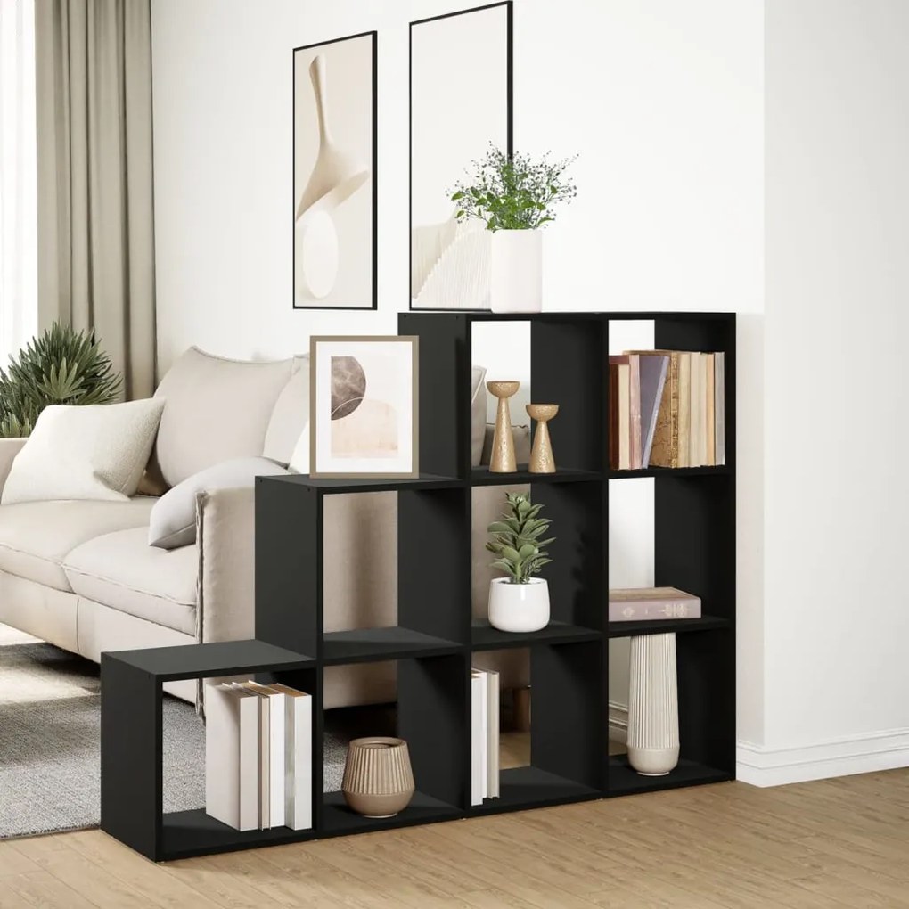 3 szintes fekete fa térelválasztó könyvespolc 137,5x29x103,5 cm