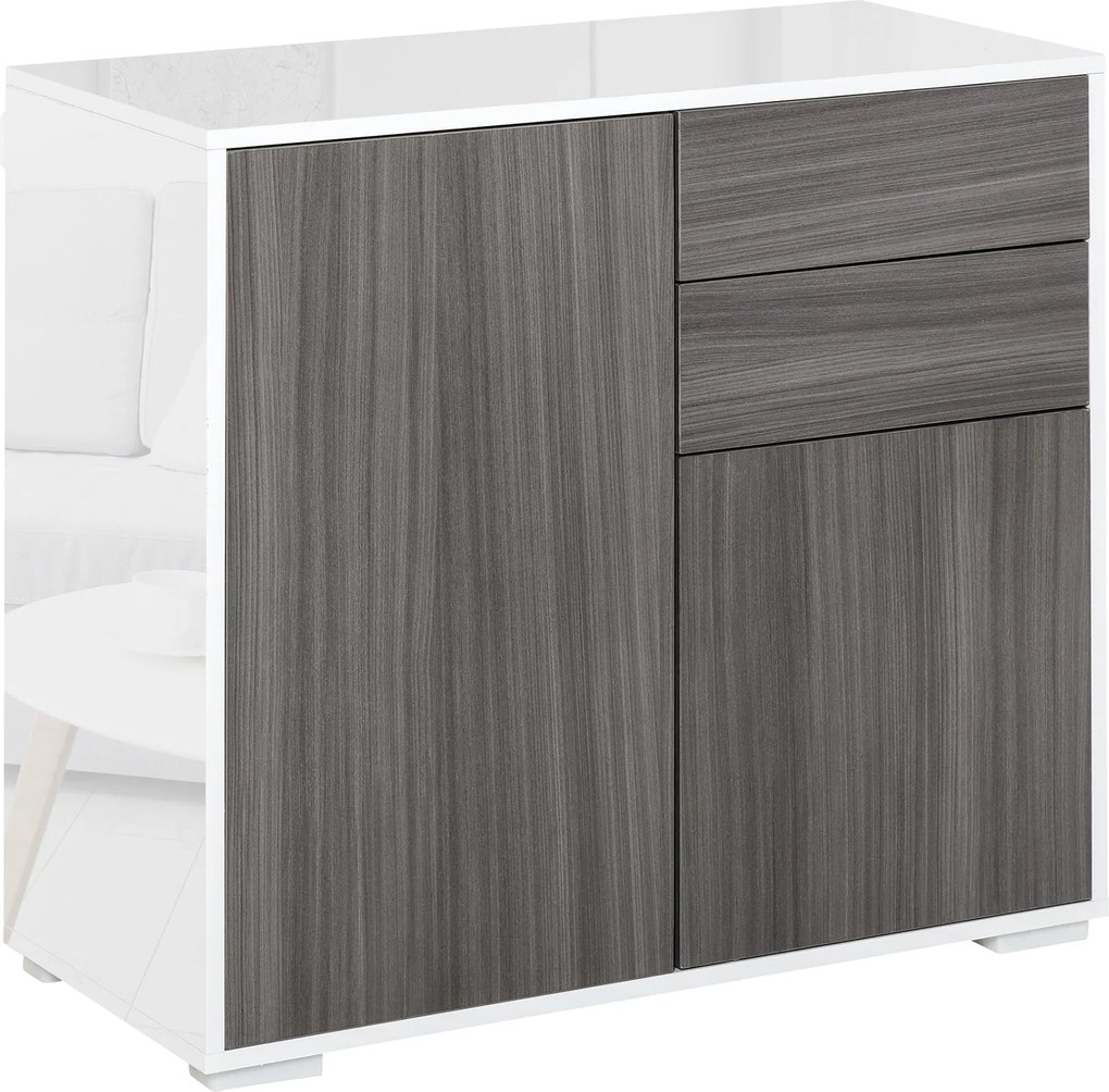 HOMCOM Konyhai Oldalszekrény 2 Ajtóval és 2 Fiókkal, Fényes Fehér Keret, Állítható Polc, Push-Open Tárolószekrény Hálószobához vagy Nappalihoz 79x36x7