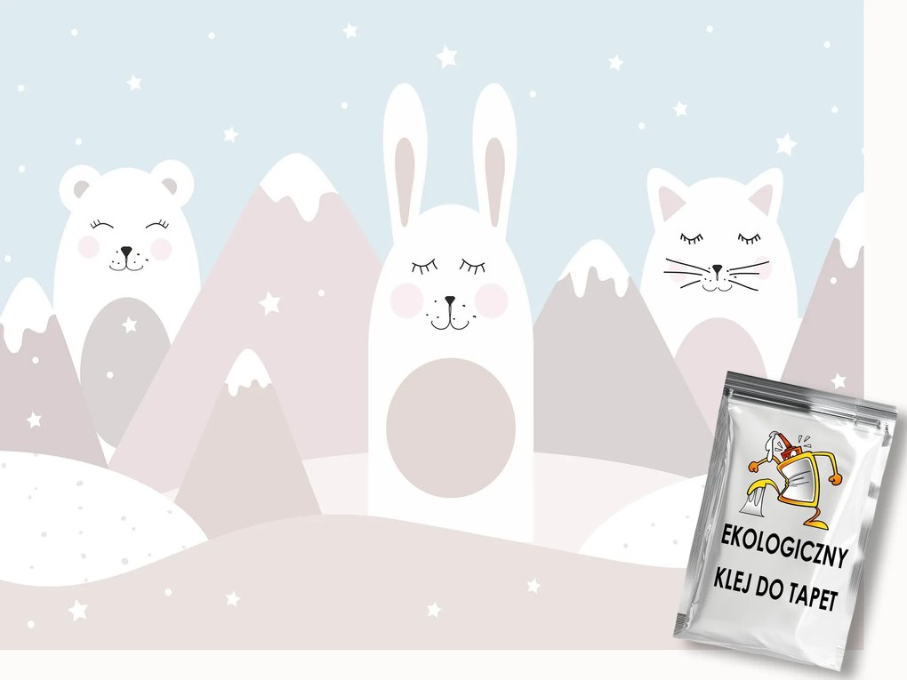 Fotótapéta Flizelina Hegyek Hó Tél Állatok Mackó Nyúl Macska 200x140 ragasztó