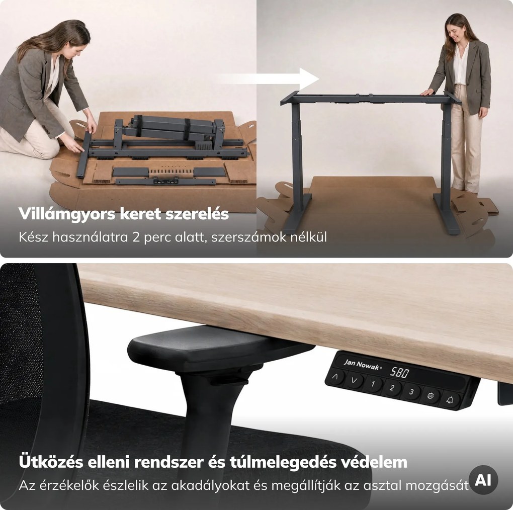 Elektromos íróasztal magasságállítással ergonomikus antracit/sonoma tölgy,1600x800 mm: ARIA
