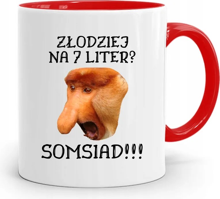 Piros Hordozó Bögre Janusz Tolvaj 7 Betűs, fényképes nyomattal