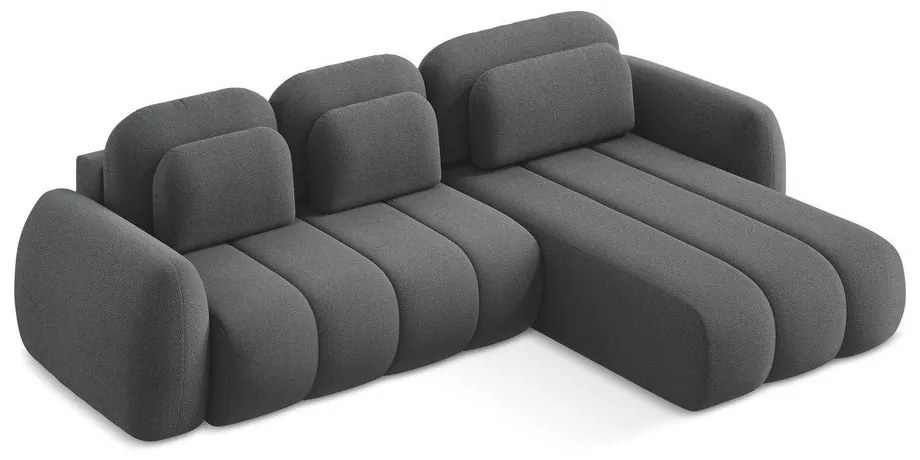 Sötétszürke buklé kinyitható-tárolóhelyes sarokkanapé (jobb oldali-heverő résszel) Pele – Makamii