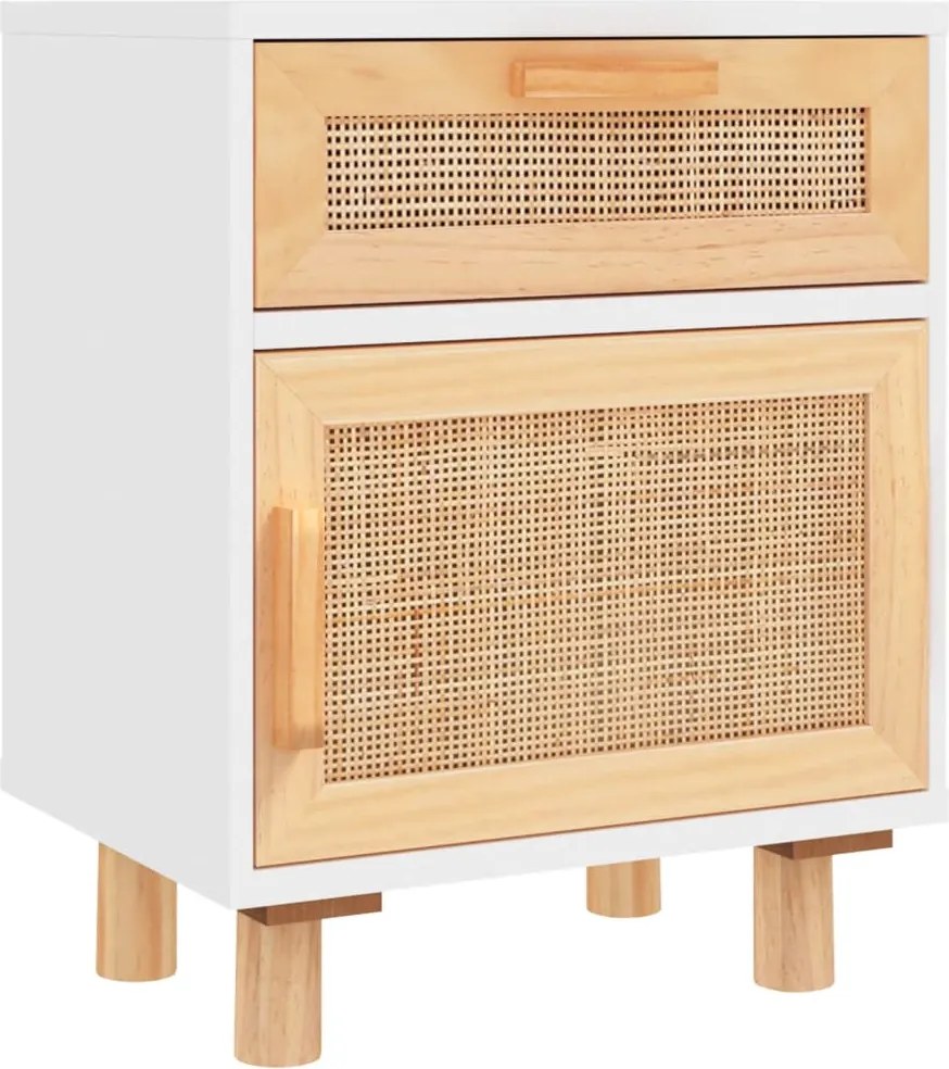 vidaXL fehér tömör fenyőfa és természetes rattan éjjeliszekrény