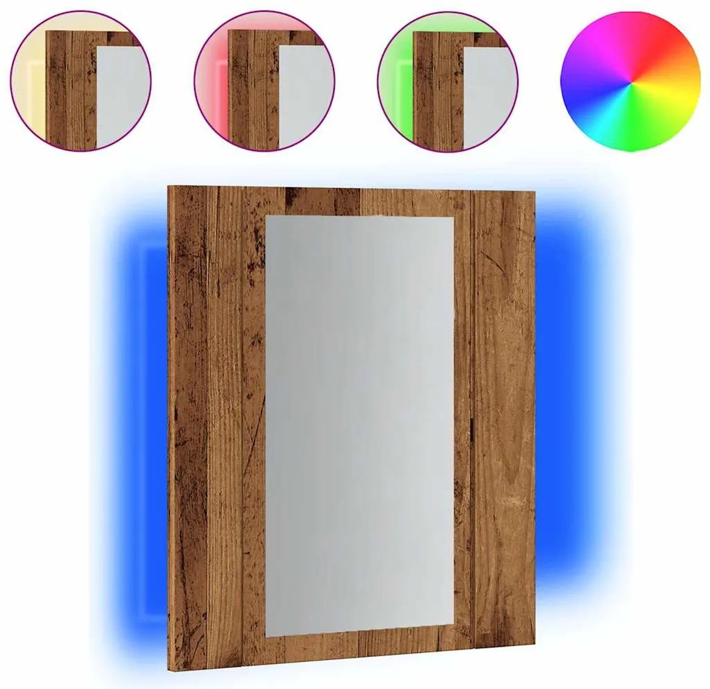 antik fa színű szerelt fa tükrös szekrény LED-del 40x12x45 cm