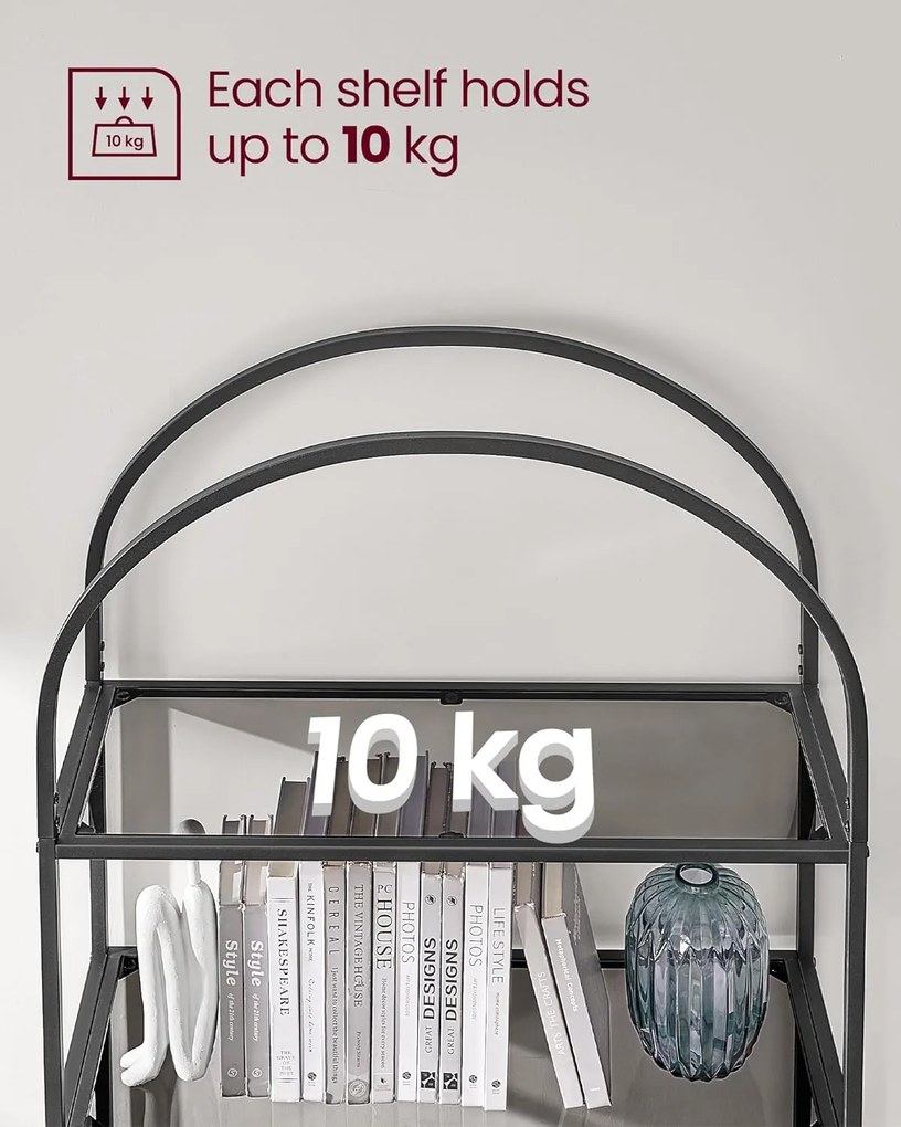 Üvegpolc, 5 szintes polc, íves kialakítással, 30,2 x 83 x 183,5 cm, fekete-szürke