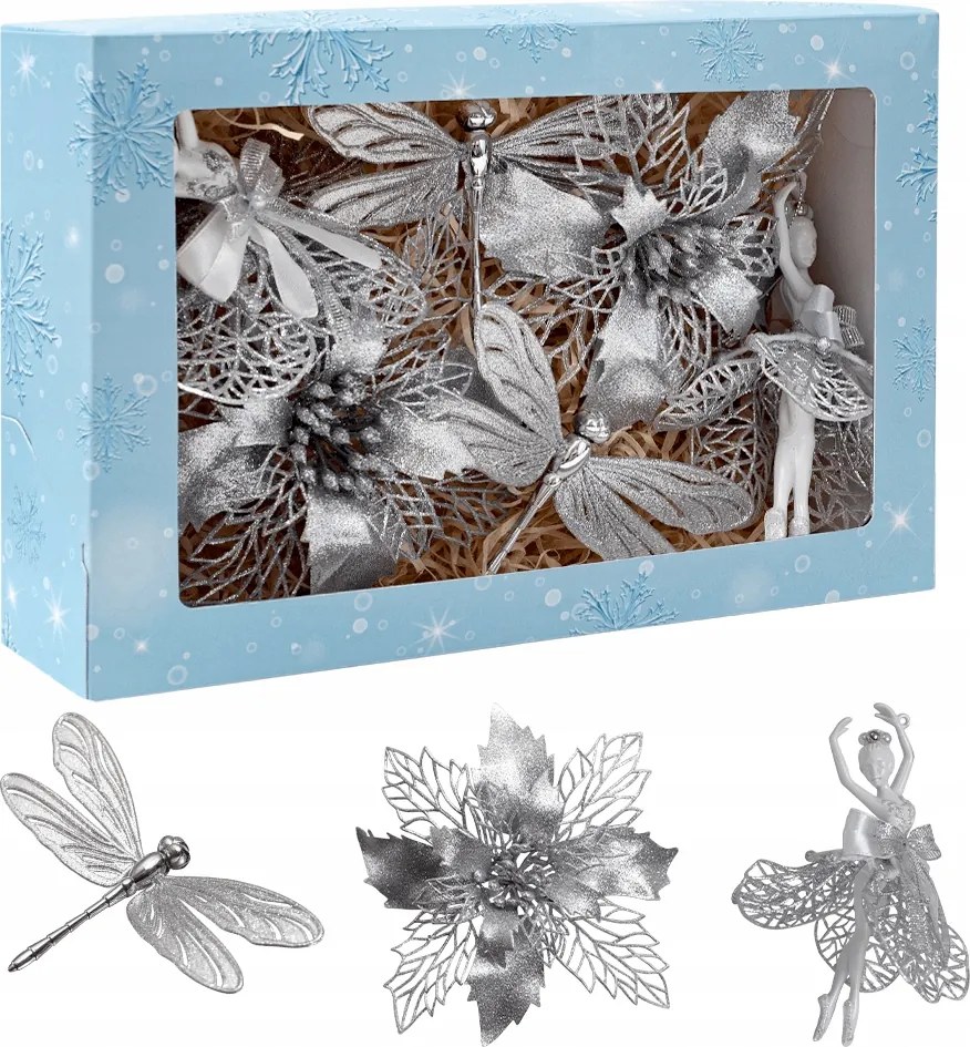 Ezüst karácsonyfadísz szett Karácsonyra virág balerina szitakötő