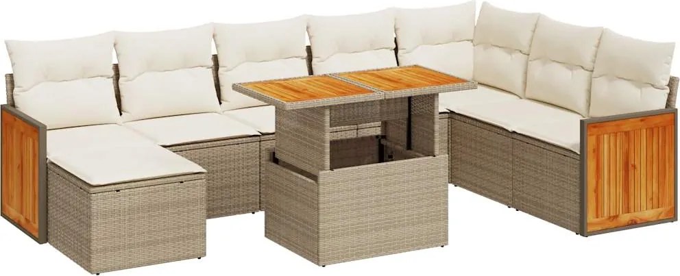 vidaXL 9 részes bézs polyrattan akácfa kerti ülőgarnitúra párnákkal