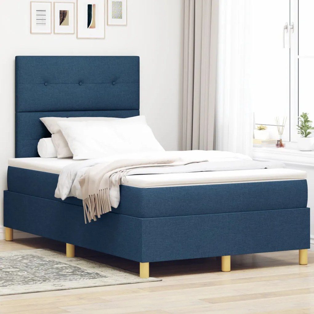 Kék Box Spring Ágy Matraccal Kis Kétszemélyes Szövet