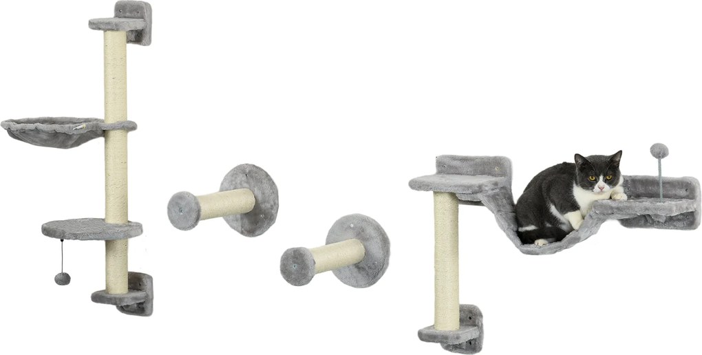PawHut 4 részes macskabútor készlet falra szerelhető kaparófával, függőágyakkal és puha létrával | Aosom