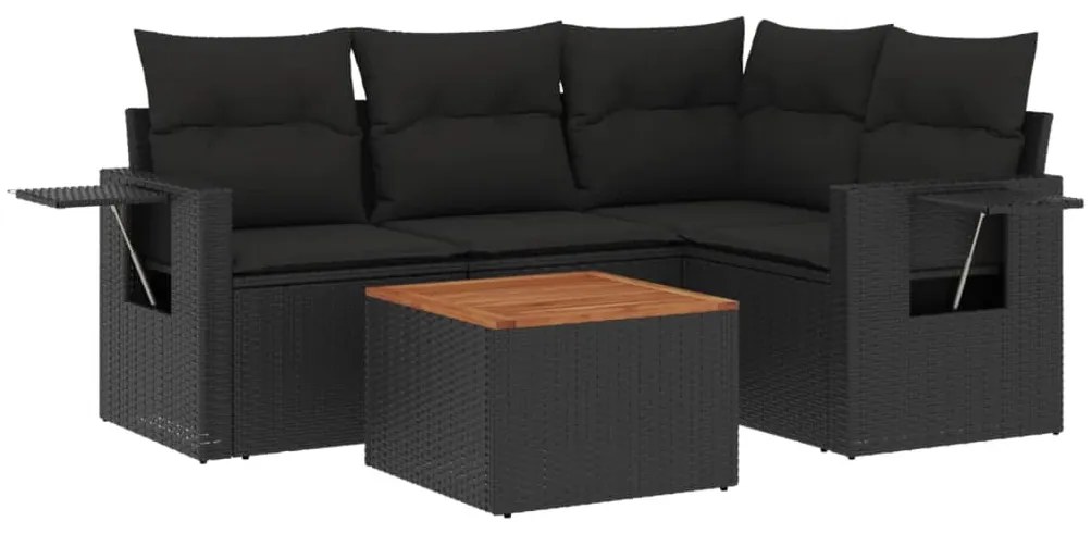5 részes fekete polyrattan kerti kanapészett párnákkal