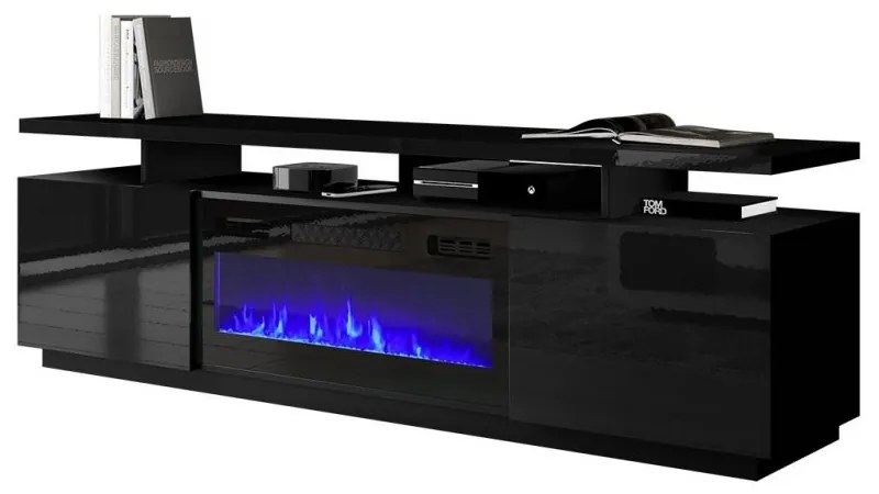 TV asztal kandallóval és LED világítással SALTA - grafit / fényes grafit / fekete