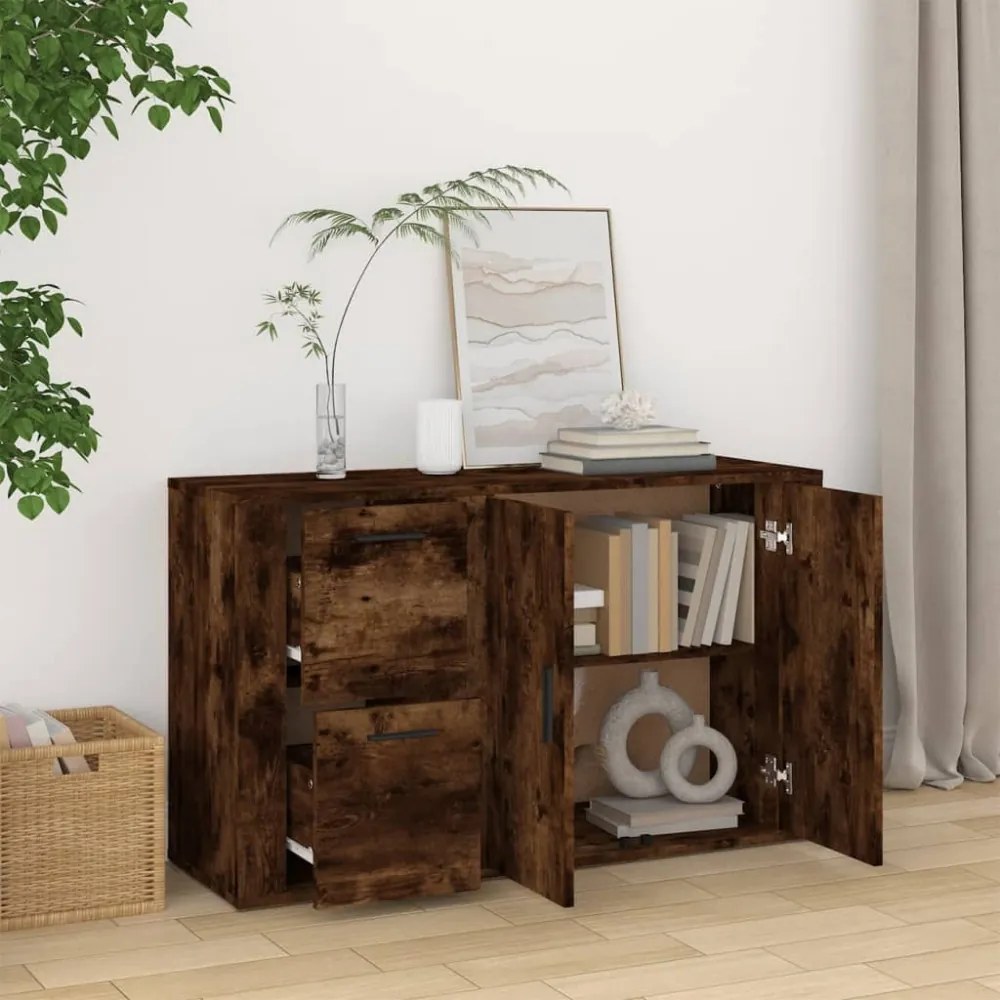 füstös tölgy színű szerelt fa tálalószekrény 100x33x59,5 cm