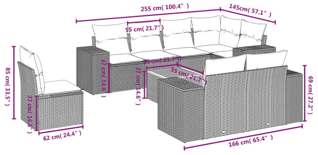9 részes szürke polyrattan kerti ülőgarnitúra párnákkal