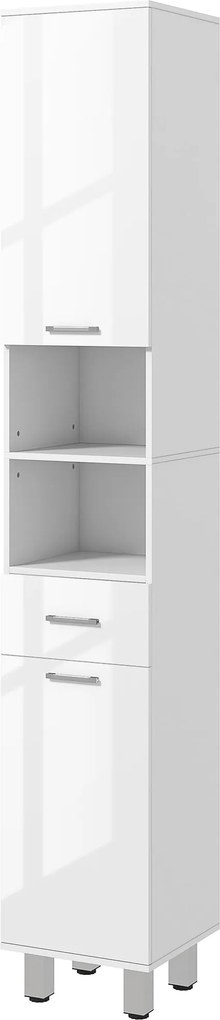 kleankin Modern Fürdőszobai Szekrény 1 Fiókkal, 3 Állítható Polccal és 2 Szekrénnyel, Tárolószekrény Nappaliba vagy Hálószobába 30x30x180 cm Fehér Fén