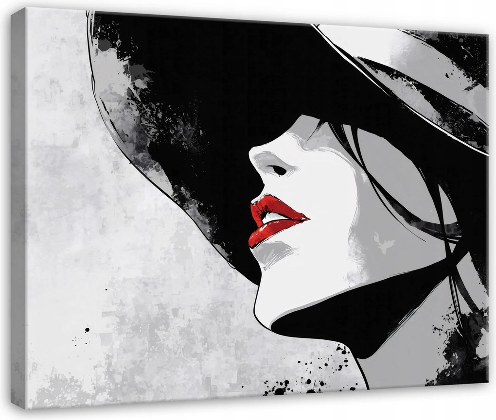Vászonkép Nő Kalapban Száj Szürke Hálószoba Nappali Vászon 40x30