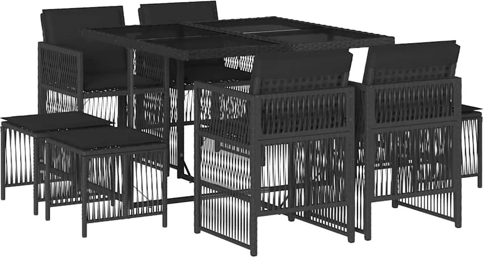 vidaXL 9 részes fekete polyrattan kerti étkezőgarnitúra párnákkal