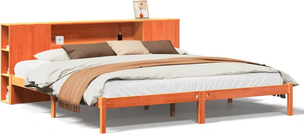 vidaXL barna tömör fenyőfa könyvespolcos ágy matrac nélkül 180 x 200cm