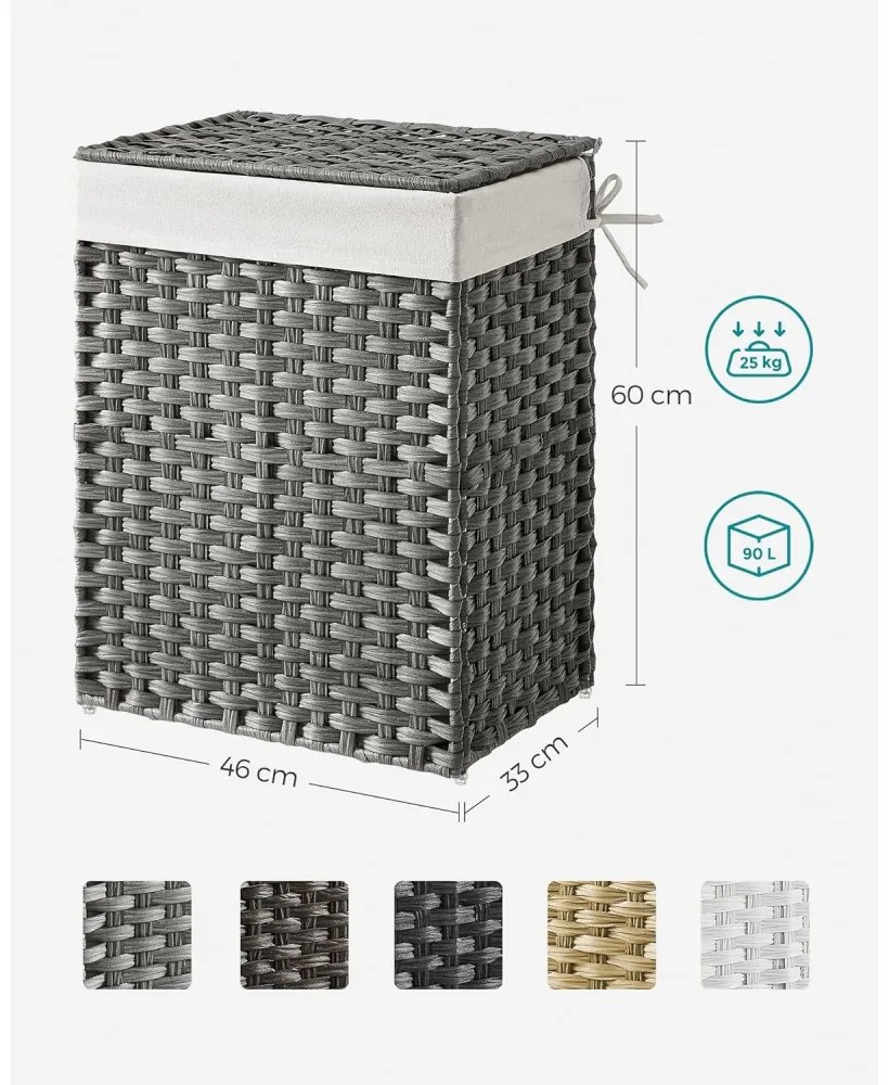 Kézzel fonott rattan szennyeskosár, összecsukható, kivehető zsákkal 90L, szürke