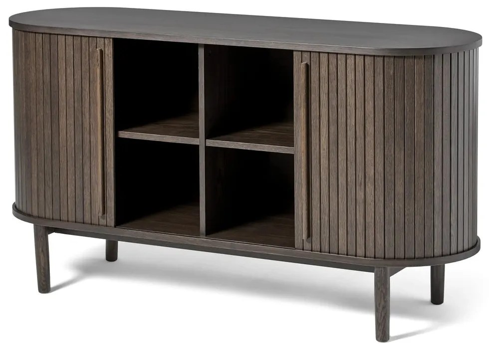 Barna komód tolóajtóval, tölgyfa dekorral 140x76x45 cm Meta – Unique Furniture