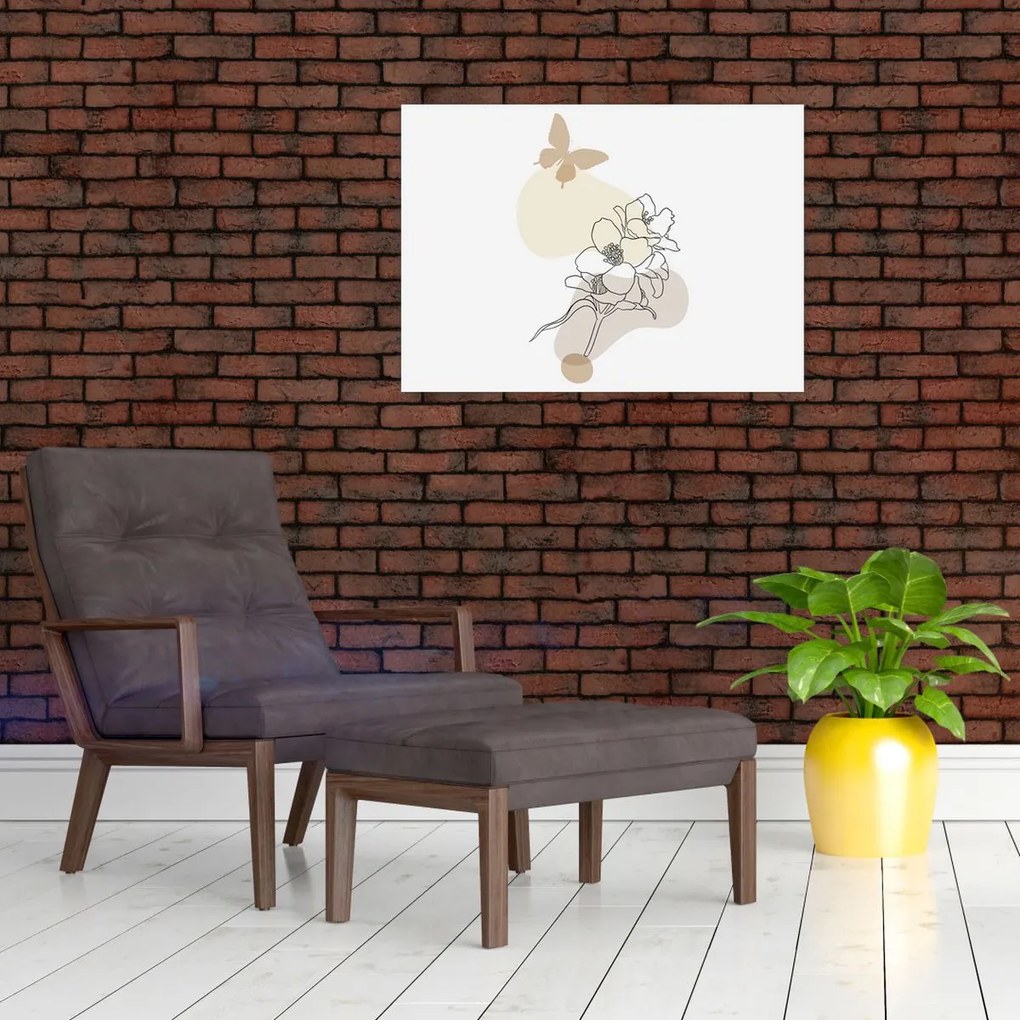 Üveg kép - Bézs virágok pillangóval N⁰3 (70x50 cm)